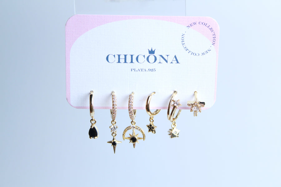 Set de 6 aretes estrellas negro y blanco