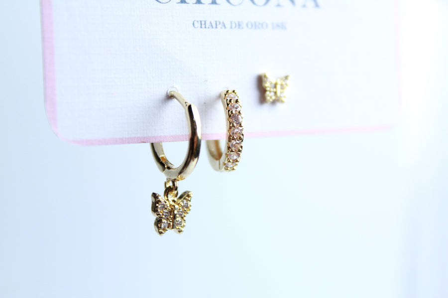 Set de 3 aretes mariposas zirconias
