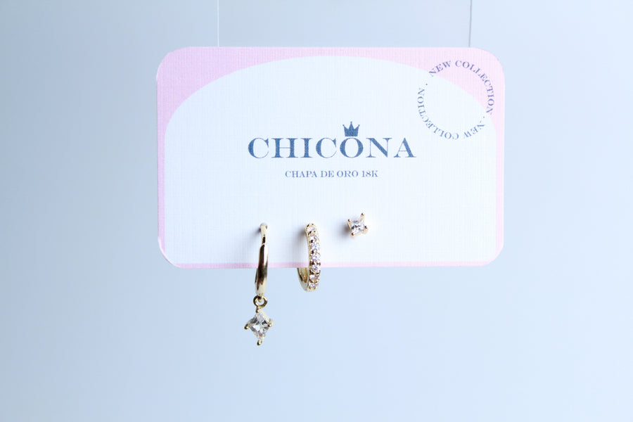Set de 3 aretes zirconia rombo