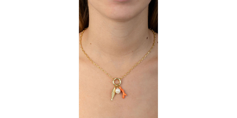 Collar con Pez, Coral Naranja y Perla