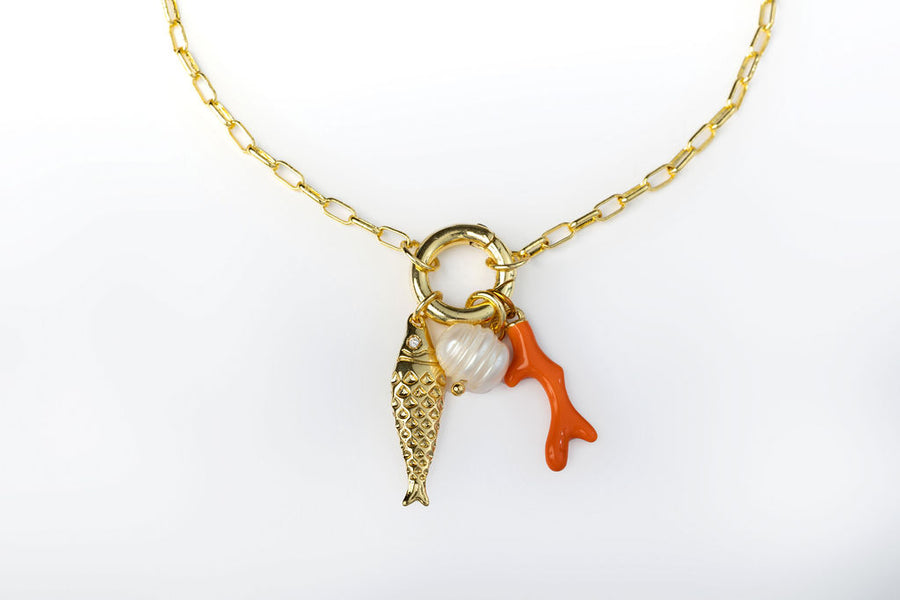 Collar con Pez, Coral Naranja y Perla