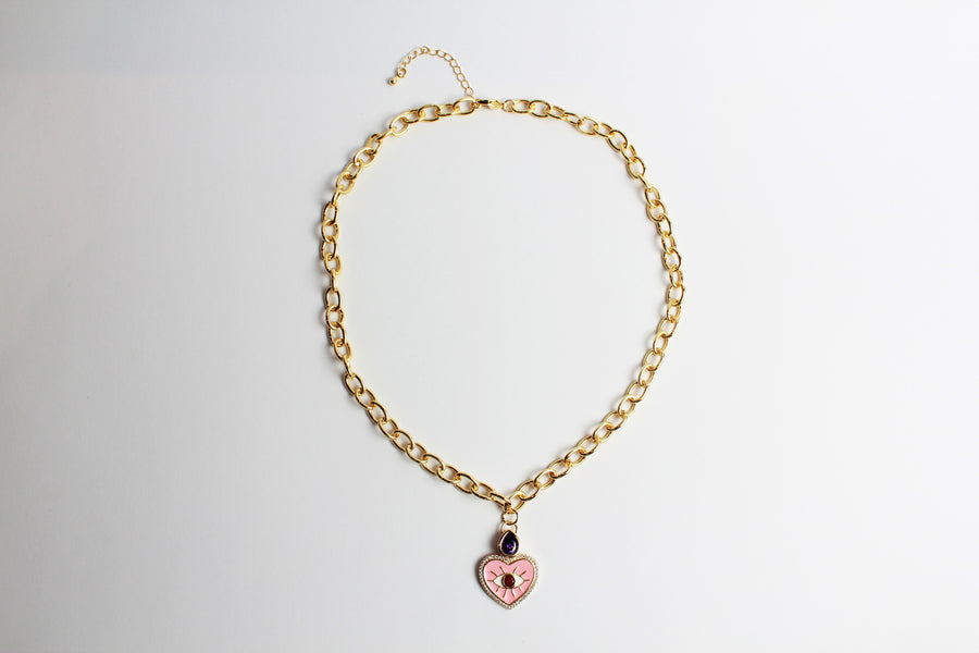 Collar dorado con corazón y ojo turco rosa